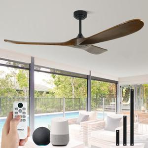 60" Wood Ceiling Fan no Light, Smart Ceiling Fans without Lights with Alexa Google App, Indoor Outdoor Ceiling Fan no Light for Bedroom Porch Modern Propeller 3 Blade High CFM Motor, Bronze