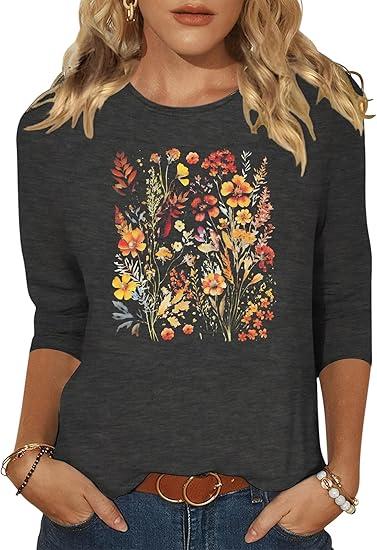 Chulianyouhuo Womens 3/4 Sleeve T Shirt Sunflower Graphic Tees Dandelion Flower Print Summer Casual Tops Blouse size; XL
