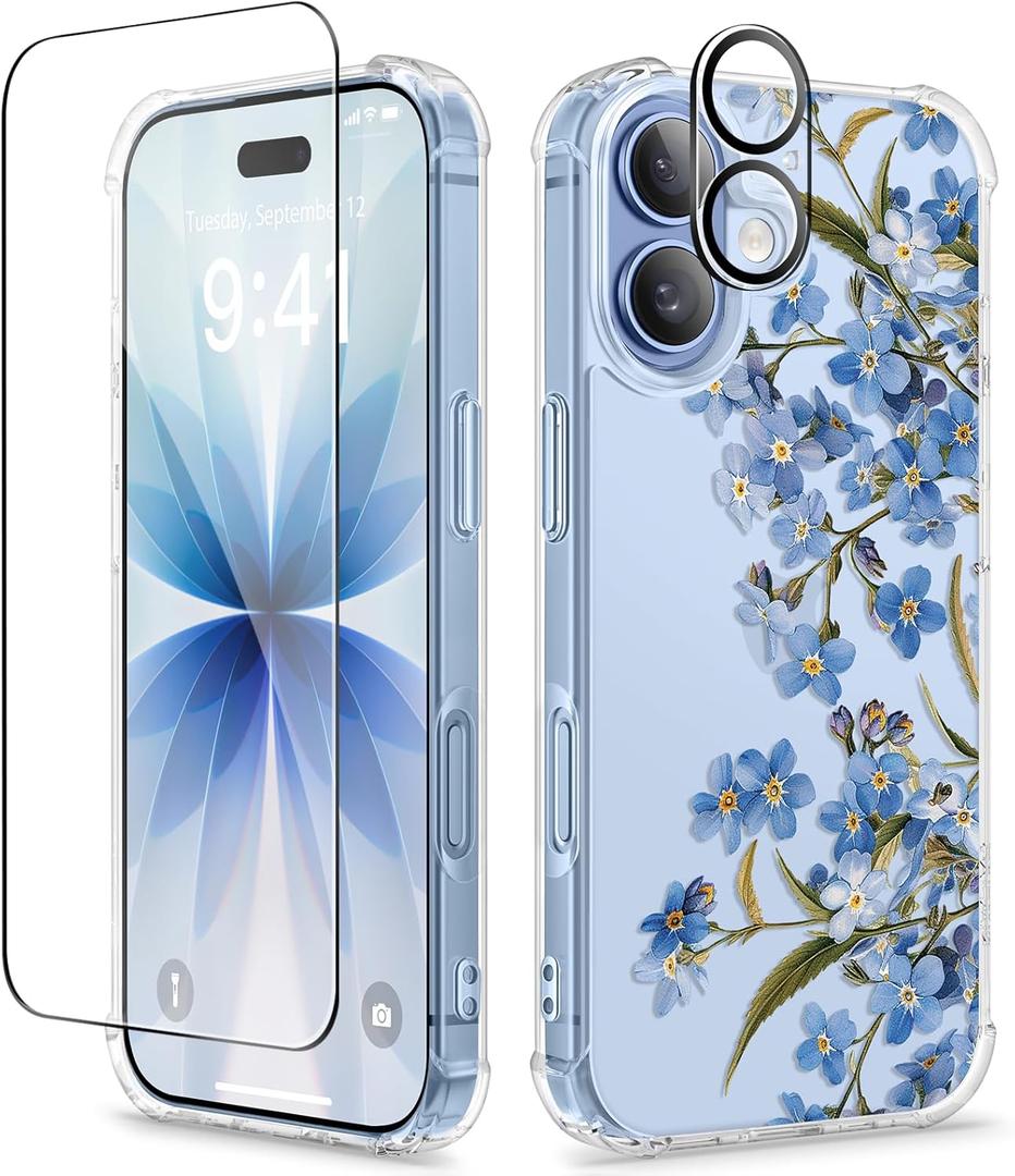 GVIEWIN for iPhone 17 Case, with Screen Protector+Camera Lens Protector, [NonYellowing] Clear Floral Slim Shockproof Protective Hard PC Back Women Phone Case for iPhone 17 6.3", Aconite/Blue