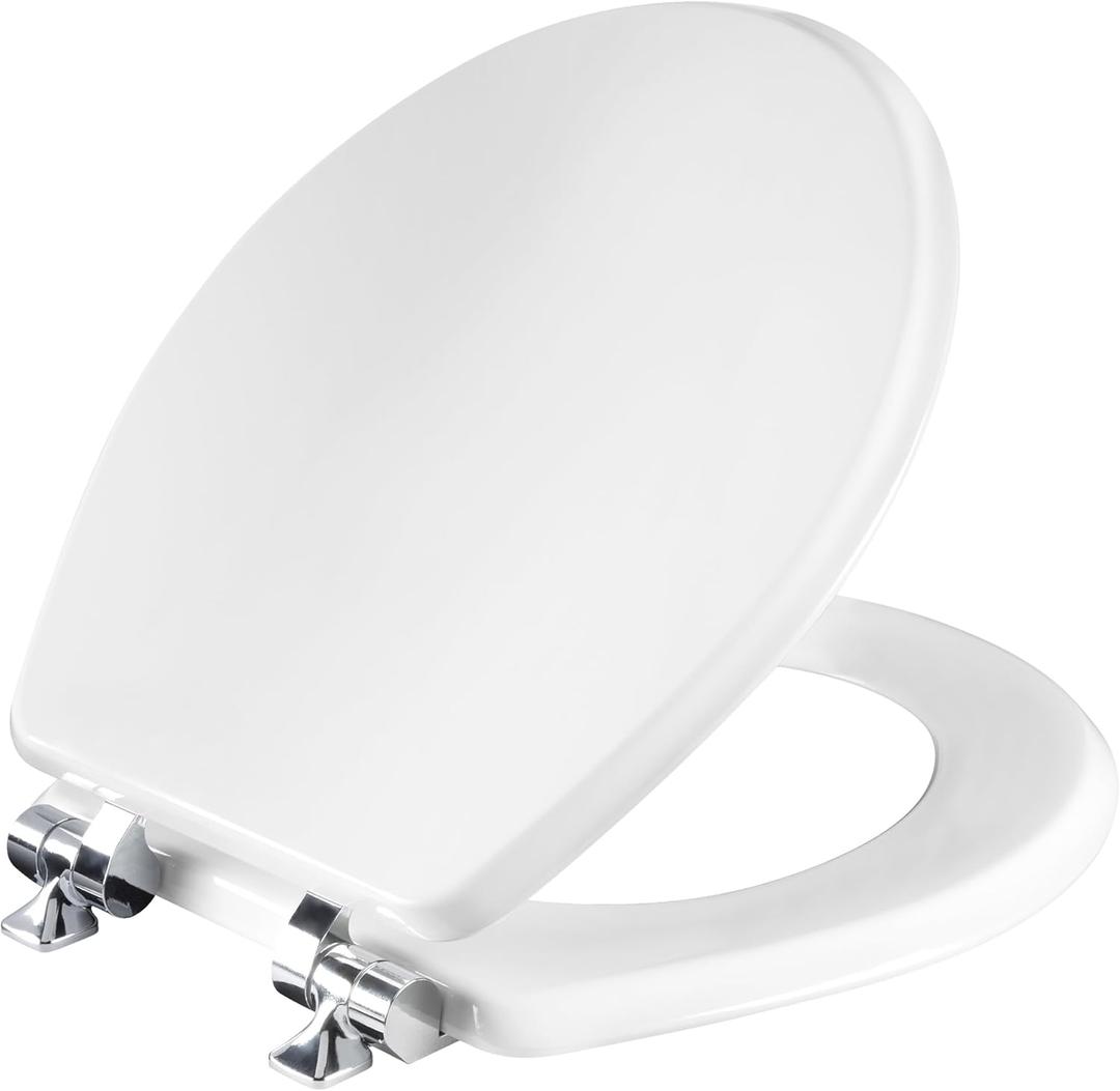 Mayfair Bennett Toilet Seat with Chrome Hinges, Slow Close Wood Seat, Secure Metal Hinges, Easy Install, Made in USA, Round, White