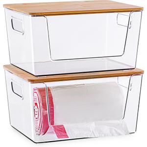 Citylife 2-Pack Extra Large Trash Bag Holders with Bamboo Tops and Handles, Laundry Room Organization and Storage for Home, Kitchen, Under-Sink Garbage Bag Dispenser
