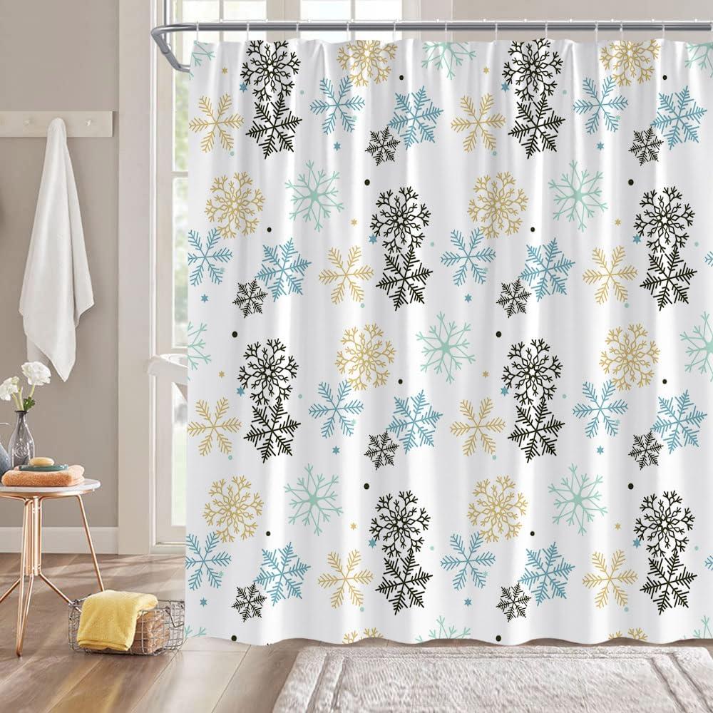 Christmas Shower Curtain Gold Blue Snowflakes Fantasy Xmas Snow Colorful Winter Holiday Festival New Year Bathroom Decor Curtain with Hooks,70" W x 70"