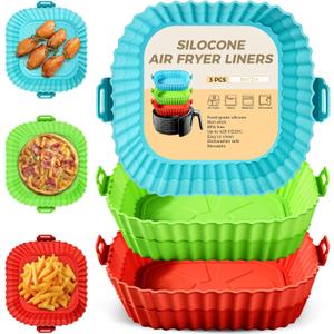 3 Pack Air Fryer Silicone Liners 8inch Air Fryer Pot Reusable Food Grade Silicone Airfryer Liners Baking Basket Accessories Replacement of Flammable Disposable Parchment Paper (8" Square 3 Pack: Blue+Green+Red)