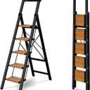 5 Step Ladder, Lightweight Folding Step Stool with Anti-Slip Aluminum Wide Pedal& Convenient Handgrip, 330lbs Capacity Steel Ladder for Household and Office (Black&Woodgrain)