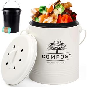 Perfnique Kitchen Compost Bin, 1.3 Gallon Countertop Compost Bin with Lid, Indoor Compost Bucket Includes Inner Bucket Liner and Carbon Filter, Small Compost Bin with Trash Bags (with Bags, Cream)