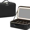 Large Size PU Cosmetics Train Case with LED Lighted Mirror Rechargeable 3 Color Lights Portable Makeup Artist Organizer with Adjustable Dividers and Shoulder Strap (Pure Black)