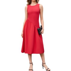 ZTC Elegant Summer Sleeveless Dress for Women, Casual A-line Midi Dress with Ruffle Hem, Perfect for Outdoor Cocktail (Red, S)