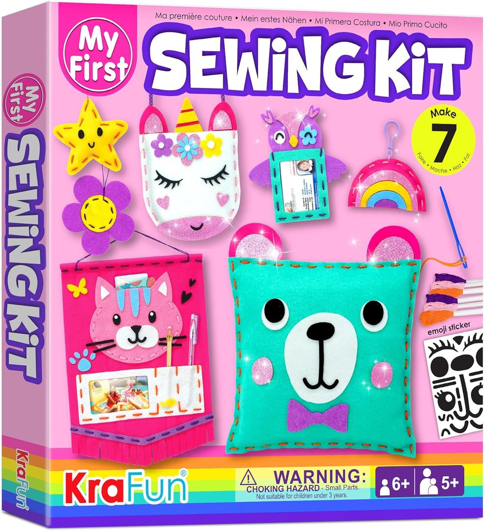 KRAFUN My First Sewing Kit for Beginner Kids Arts & Crafts, 7 Easy DIY Projects of Stuffed Animal Dolls and Plush Pillow Craft, Instructions & Felt, Gift for Girls, Boys, Learn to Sew, Embroidery
