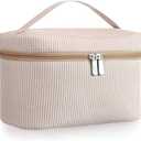 Large Makeup Bag for Women Toiletry Bag, Aesthetic Cute Seersucker Cosmetic Pouch, Teen Gift for Her Mom Girlfriend Wife Teacher Aesthetic Skincare Brushes Storage Organizer(Khaki)