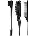 3 Pieces Hair Styling Comb Set Teasing Brush Rat Tail Comb Edge Brush for Edge&Back Brushing, Combing, Slicking Hair for Women (Black)