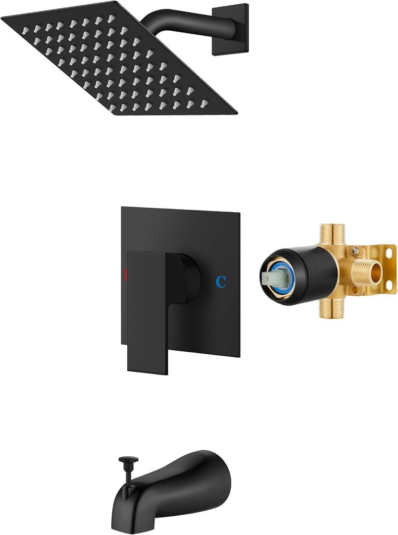 Airuida Shower Faucet Set with Tub Spout Bathtub Faucet Kit Shower Tub Faucet Set Complete Tub Shower Trim Kit with Solid Brass Rough-in Valve and Rainfall Square Showerhead,6 Inch-Matte Black