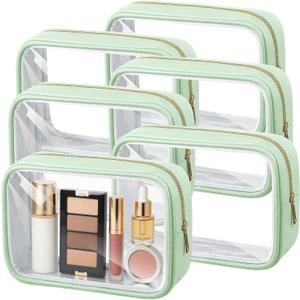 Abbylike 6 Pcs Clear Makeup Bags Bulk PU Leather Cosmetic Pouches Transparent Toiletry Bags with Zipper Waterproof Purse Skincare Car Organizer for Girl Women Travel Gifts(Mint Green)