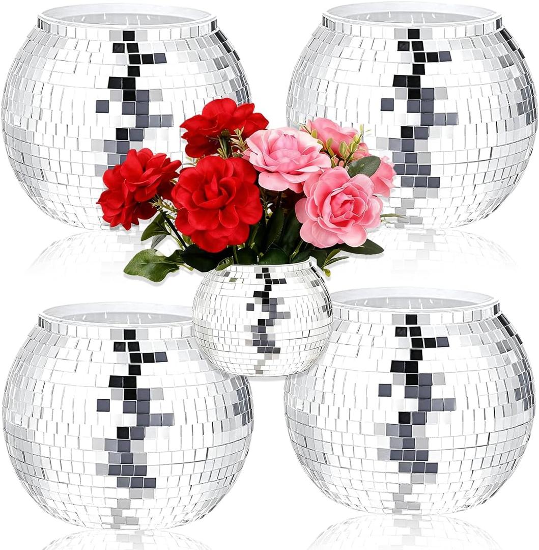 4 Pcs Disco Ball Vase 4" X 4.7" Disco Ball Vases for Centerpieces Silver Mirror Disco Ball Planter for Wedding Table Centerpieces Birthday Party Decoration