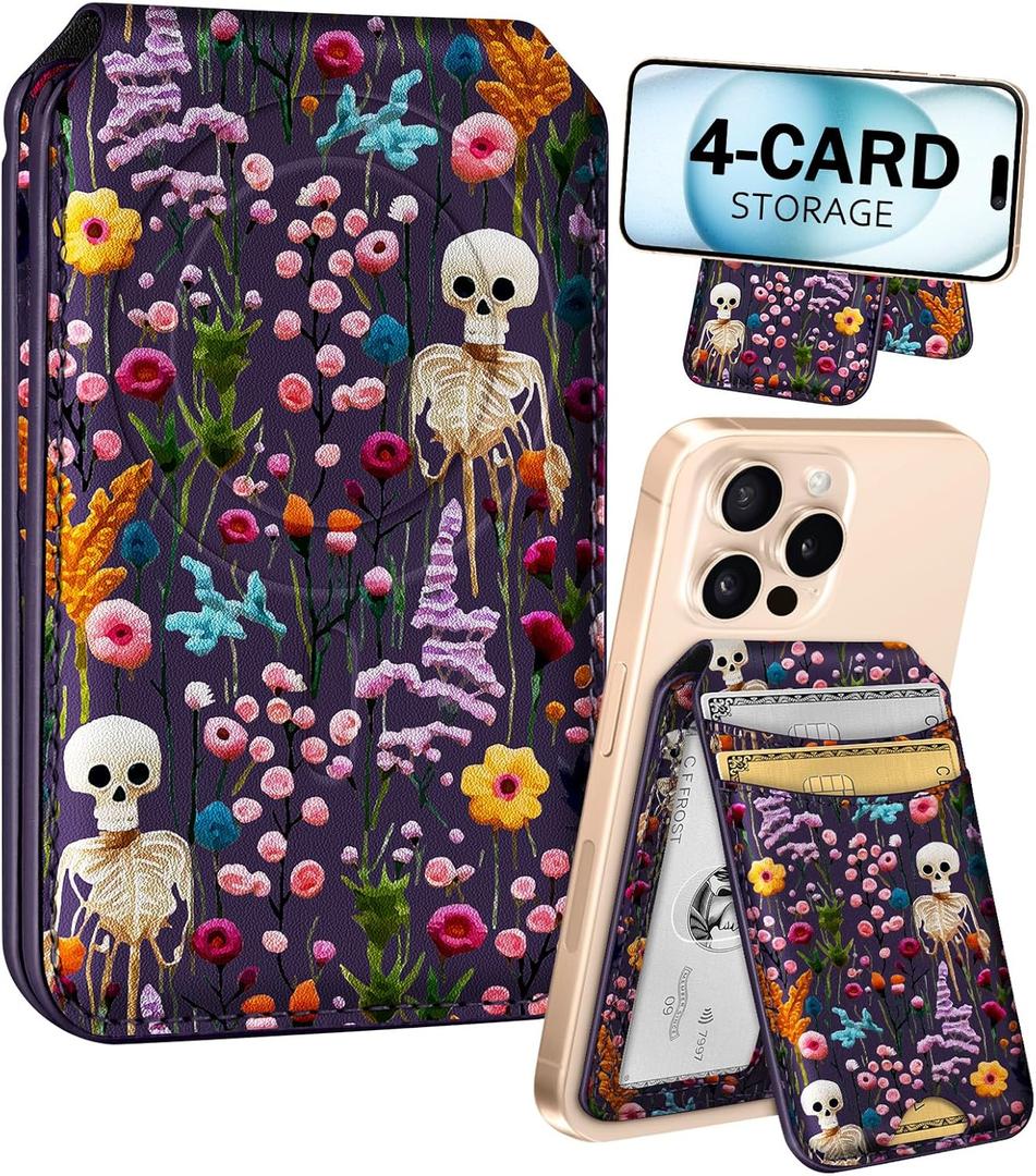 Shorogyt Compatible with Magsafe Wallet for Magnetic Fold Card Holder for Women - Cute Phone Wallet for iPhone 17/16/15/14/13/12 Series,RFID Blocking Stand Printed Leather Fit 4 Cards,Skull Flower, Biege