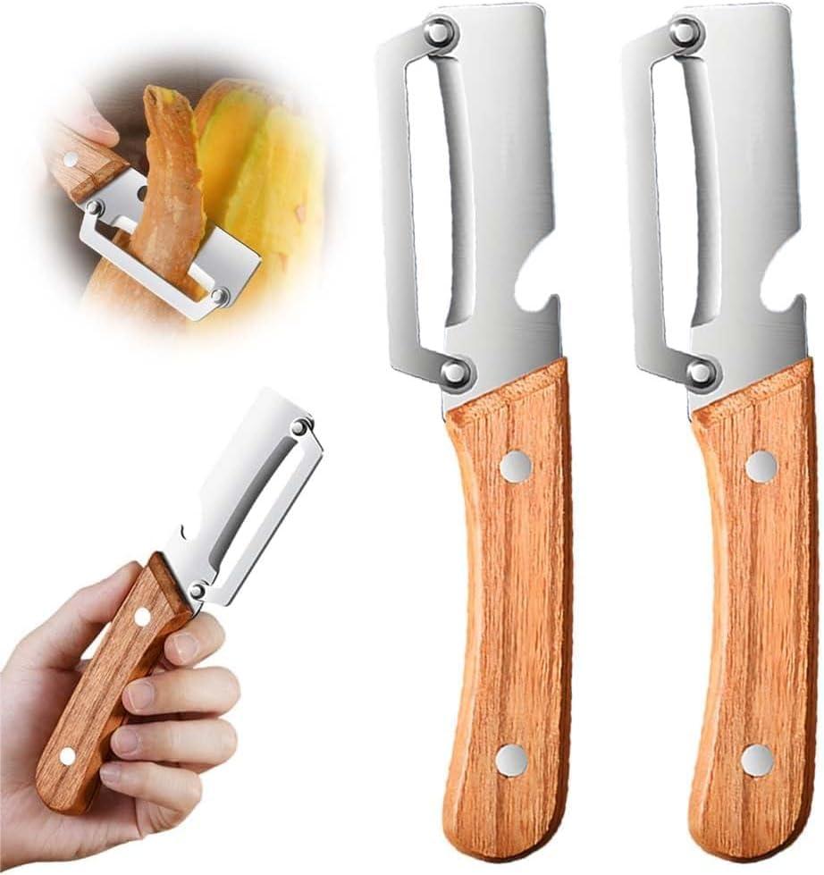 2pcs Stainless Steel Vegetable Peeler with Wooden Handle, Sharp Fruit Peeler for Kitchen, Multifunctional Potato Peeler with Can Opener, Ergonomic Non-Slip Grip for Home Cooking, Restaurant, Camping