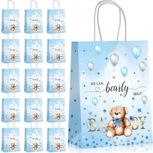 16 Pack Bear Baby Shower Bags with Handles - Party Bags with Bear, Star, Flower Designs for Kids Birthday and Baby Shower Favors