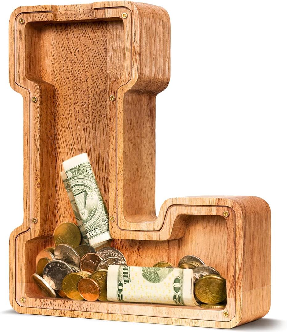 ELX Wooden Piggy Bank for Kids Boys, Personalized Letter Money Bank, Safe & Durable Savings Box for Toddlers Girls, Gifts for Birthday Holiday Christmas (9")