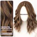 AISI HAIR 14 Inch Chestnut Brown with Golden Blonde Highlights Wigs for Women, Middle Part Natural Wavy Bob Synthetic Heat Resistant Fiber for Daily and Party