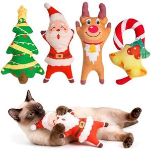 EXPAWLORER Christmas Cat Catnip Toys Gifts, 4 pcs Toys with Catnip Pouch, Interactive Bite Resistant Kicker Toys for Indoor Playing Kitten Chew Plush Gift Santa Claus Reindeer Christmas Tree