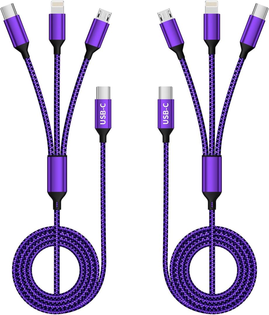 USB C Multi Charging Cable, (2 Pack 4FT), 3 in 1 Charging Cable Nylon Braided Universal Charger Cable with Type-C, Micro USB,IP Port for iPhone16/15 Series/Cell Phones & Pads and Other Devices-Purple