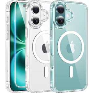 FNTCASE for iPhone 16 Case Clear: Magnetic Phone Cases with Screen Protector Drop Proof Compatible with Magsafe Slim Anti Yellowing Rugged Shockproof Protective Transparent Cell Cover (A-Clear)