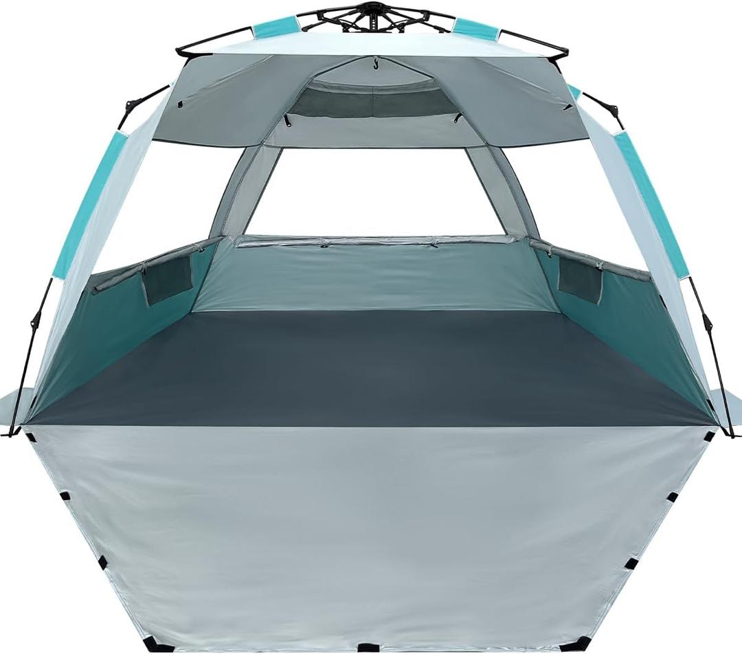 WhiteFang Deluxe Pop Up Beach Tent Sun Shade Shelter for 3-4 Person, UV Protection, Extendable Floor with 3 Ventilating Windows Plus Carrying Bag, Stakes, and Guy Lines