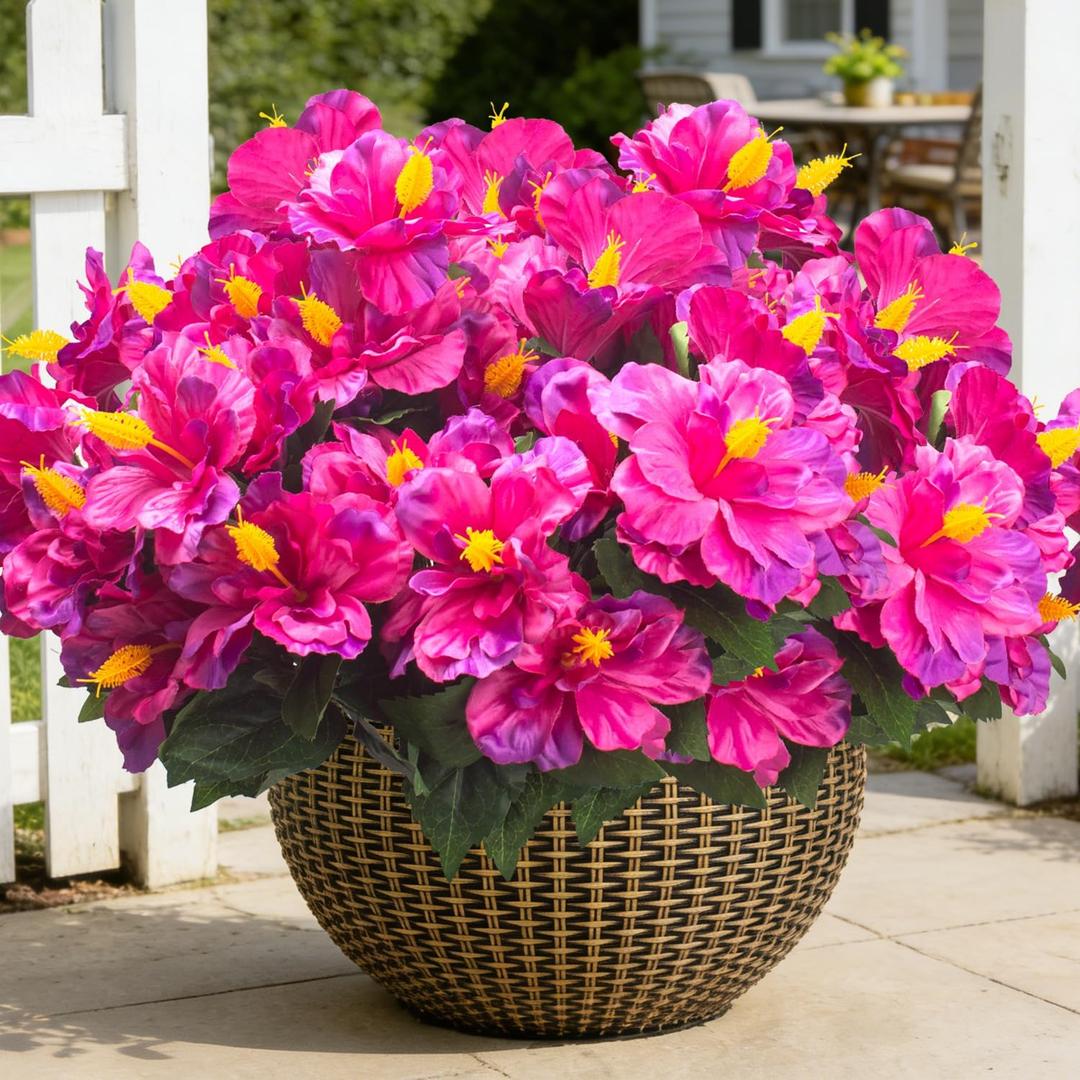 Grunyia Artificial Hibiscus Flowers for Outdoors, Silk Tropical Flowers, UV Resistant Faux Plants, 5 Bundles for Planter Patio Porch Garden (Fuchsia)