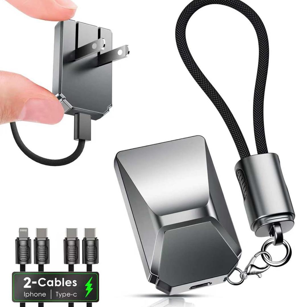 USB C Charger for iPhone 16/15 Charger Fast Charging, GaN Keychain Design Fast Wall Charger Block with 2 Pack USB C to C & C to Lightning Cable, Foldable and Compact for iPhone 17/16/15, iPad(Gray) (Silvery)