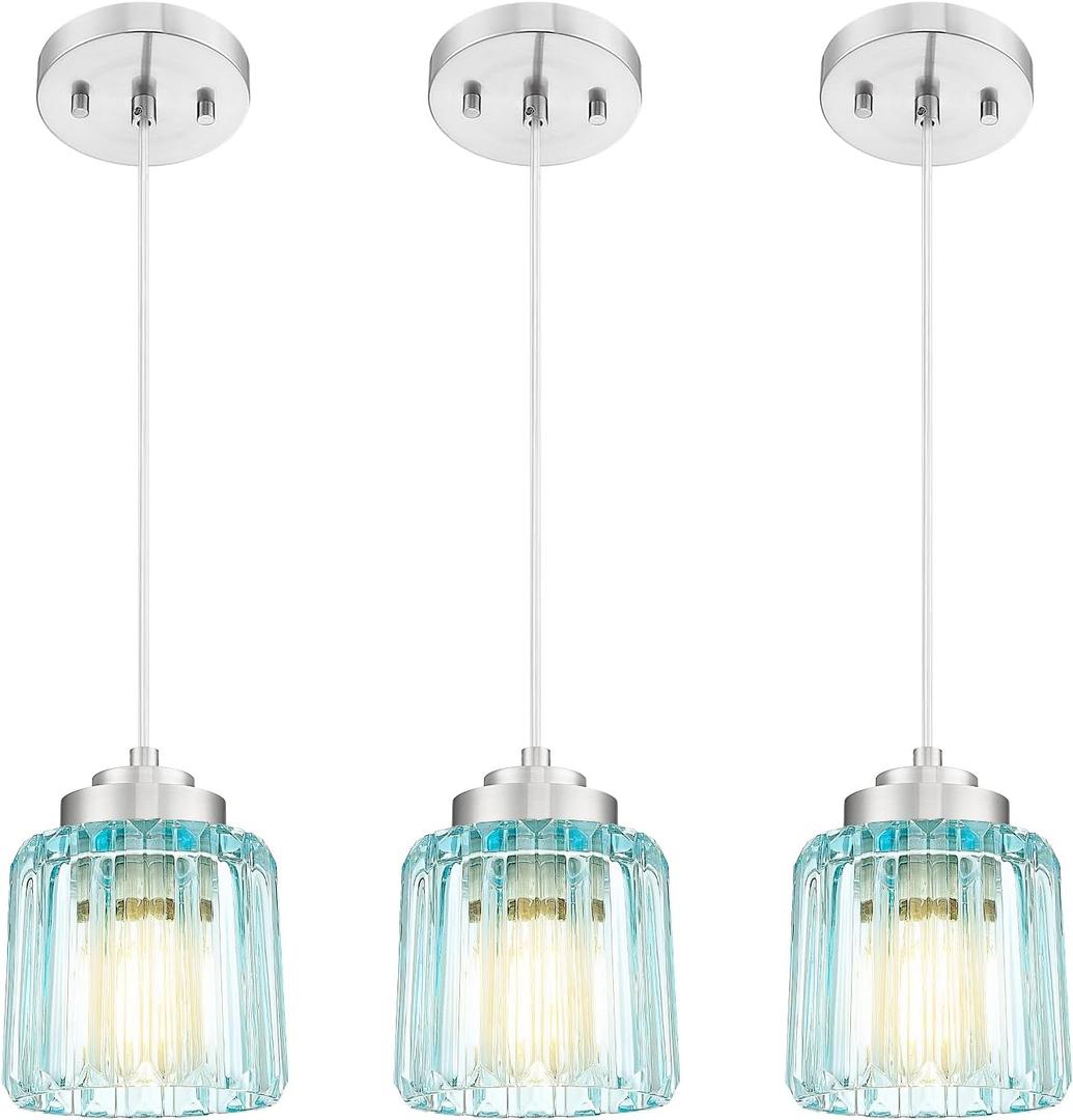 Emliviar 3 Pack Island Hanging Lights, Brushed Nickel Finish Indoor Pendant Lights with Blue Fluted Ripple Glass, HE293MIL-3PK BN
