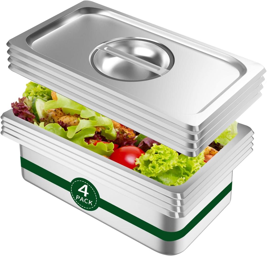 Hotel Pan With Lid 1/3 Size - 4" Deep 4 Packs Stainless Steel Food Pan for Steam Table, Commercial Restaurant, Anti Jam, Buffet