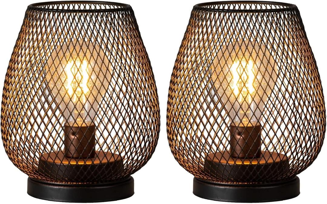 DECORKEY Set of 2 Battery Operated Lamp LED Table Lantern, Brown Metal Cage Cordless Lamps with LED BulbVintage Decorative Outdoor Lantern for Weddings, Parties, Patio, Events for Indoors Shelf Decor