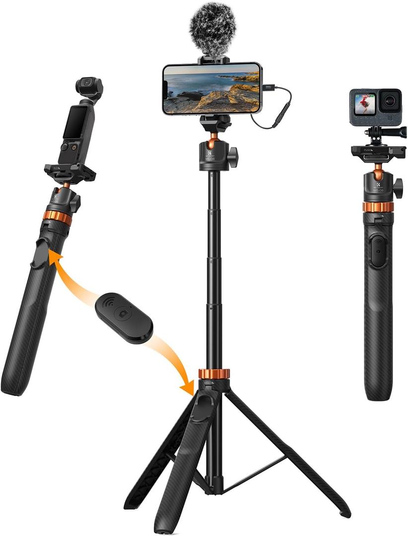 K&F CONCEPT 62'' Phone Selfie Stick Tripod, 2-in-1 Lightweight Extendable Cell Phone Tripod Stand with Remote, Compatible with GoPro/Insta360 X5X4/DJI OSMO 360 Pocket 3.