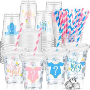 50 Pcs Gender Reveal Cups Gender Reveal Party Supplies 12 oz Party Plastic Cups Boy or Girl Transparent Cup with Lids Straws Blue and Pink Baby Shower Decorations It's a Boy or It's a Girl