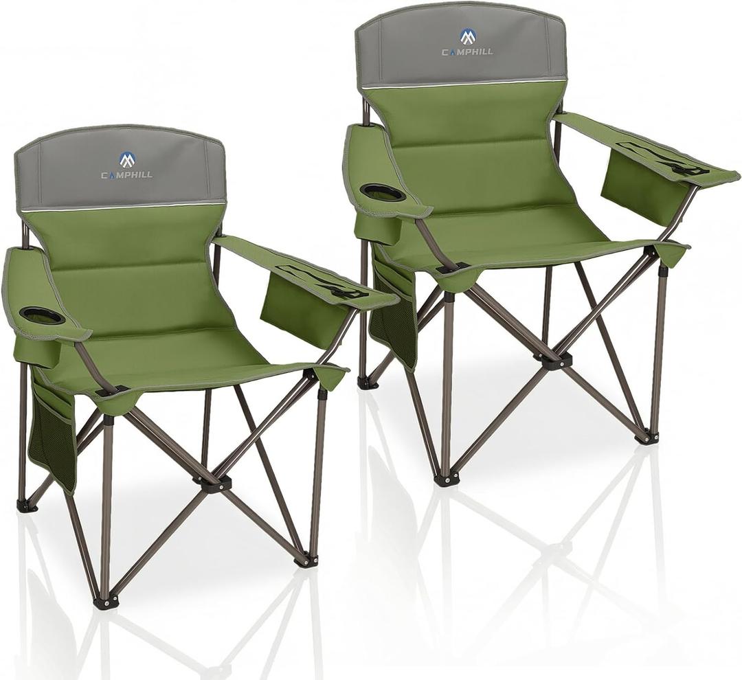 Oversized Camping Chairs 2 Pack - Heavy Duty 400LBS Padded Lawn Chair with Cooler Bag,Cup Holder,Side Pocket,Collapsible for Outdoor,Camp,Fishing & Garden,Olive Green, 21" x 22.1" x 35.4"