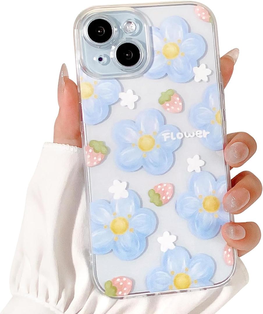 Compatible for iPhone 15 Case Cute Clear Oil Flower Floral Strawberry Design for Girls Women Soft TPU Shockproof Protective Girly for iPhone 15-Blue Flower