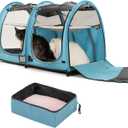 Mispace Portable Twin Compartment Show House Cat Cage/Condo - Easy to Fold & Carry Kennel - Comfy Puppy Home & Dog Travel Crate with Portable Carry Bag/Two Hammocks/Mats and Collapsible Litter Box (Blue)
