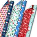Hallmark Reversible Christmas Wrapping Paper for Kids (3 Rolls: 120 Sq. Ft. Total) Snowmen, Stripes, Trees, Skiing Santa, Zebras, Hedgehogs, Penguins