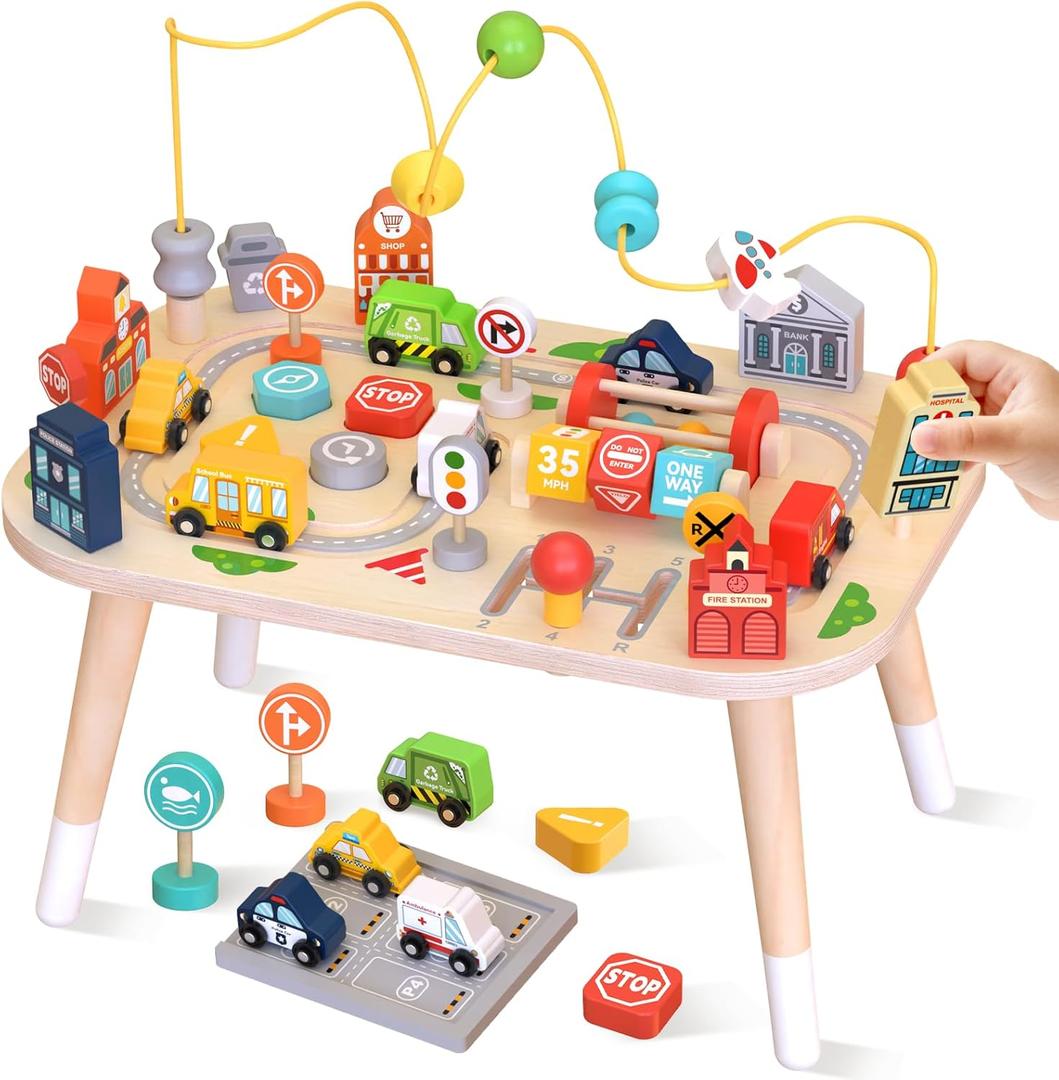 Wooden Montessori Activity Table for Toddlers, Baby Busy Table with Bead Maze, Shape Sorter, Cars & Road Signs, Traffic Learning Activity Center Sensory Toys for Birthday Gift Boys Girls 1+ Year Old (Vibrant Mix of Red, Blue, Green, and Yellow)