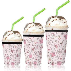 3 Pack Reusable Iced Coffee Insulator Sleeve - Nurse Reusable Neoprene Insulated Sleeve for Cold/Hot Beverages, Cold Drink Sleeves for 16-32oz Coffee Cup, Healthcare Worker Cup Sleeves Gifts