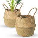 BrilliantJo Seagrass Belly Basket, Set of 2 Woven Plant Pot Holder handmade Home Decor for Storage Plants Picnic Grocery Medium(10.63 x 9.44 inch)