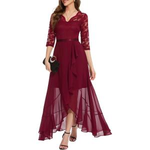 Bbonlinedress Women's V-Neck Dress for Women Wedding Guest Hi-Lo Floral Lace Prom Cocktail Party Formal Bridesmaid Dress (Large, A-dark Red)
