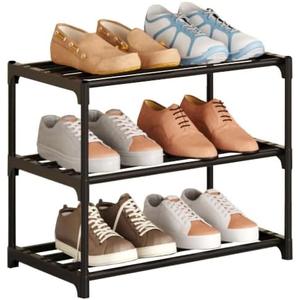 COAPUKT Metal Stackable Small Shoe Rack Organizer, Narrow Shoe Racks for Closets Entryway, Shoe Stand, Shoe Shelf with Handle (3-Tier-Black)