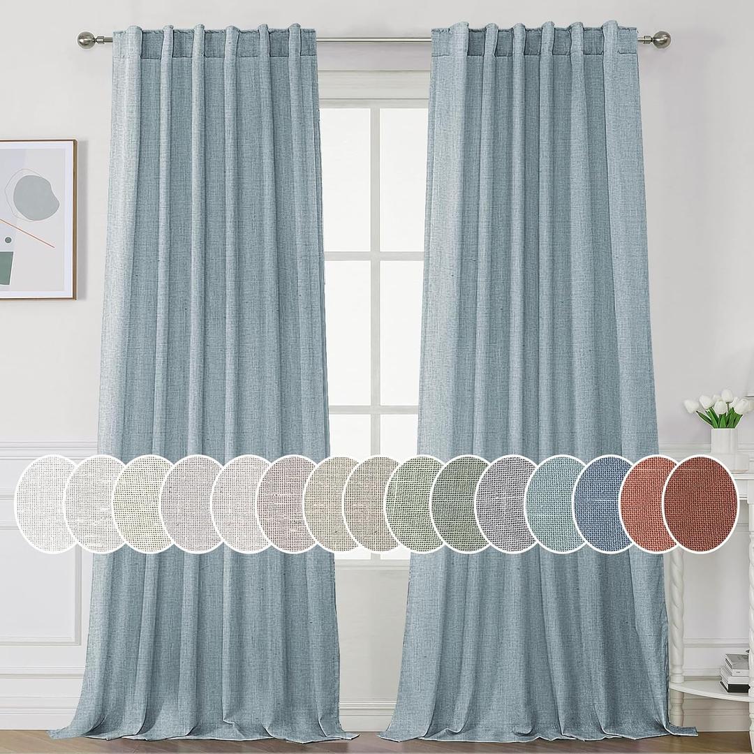 H.VERSAILTEX Natural Linen Curtains 96 inches Long for Living Room 2 Panels Back Tab Loop Pocket Textured Light Filtering Semi Sheer Rustic Farmhouse Boho Curtain for Bedroom, Stone Blue, Size: 52"W x 96"L 