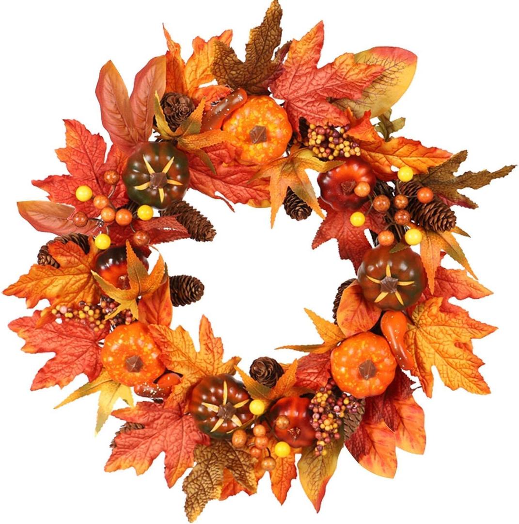 Pumpkins Thanksgiving Fall Wreaths for Front Door 18 inch Decorations for Home with Pumpkins, Pinecone Maple Leaf, Decorations for Halloween Farmhouse Outdoor Indoor Window Wall Home Decor