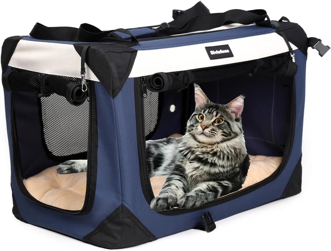 Large Cat Carrier, Collapsible Dog Travel Crate Portable Soft-Sided Pet Carrier with Super Soft Warm Plush Mat for Indoor and Outdoor 24x16x16in,Navy Blue (Large, Navy Blue)