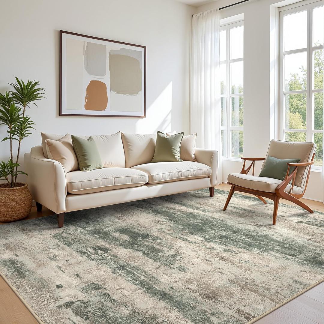 Area Rugs 10x14 for Living Room Bedroom, Modern Abstract Machine Washable Rug, Large Soft Low Pile Floor Cover with Non Slip Backing for Dining Room, Grey/Dark Green