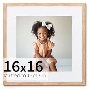 ZLG 16x16 Picture Frame, Solid Wood Frame with Mat for 12x12, Wall Display, Wall Hook Included, Set of 1, Gold