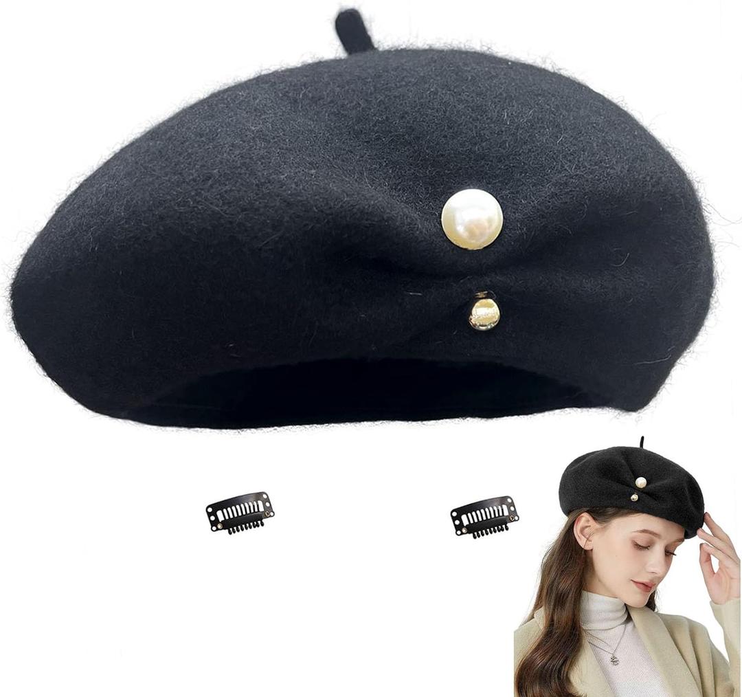 French Berets Hat Premium Cashmere Beret Pearl Decorative Elegant Church Wool Hat for Women Solid Artist Hat (Black)