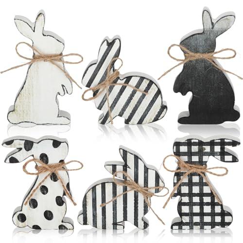 Bememo 6 Pcs Easter Bunny Table Decor Black and White Bunny Decor Spring Wooden Rabbit Signs Rustic Rabbit Ornament with Ropes for Farmhouse Party Easter Gifts Home Tiered Tray Decorations