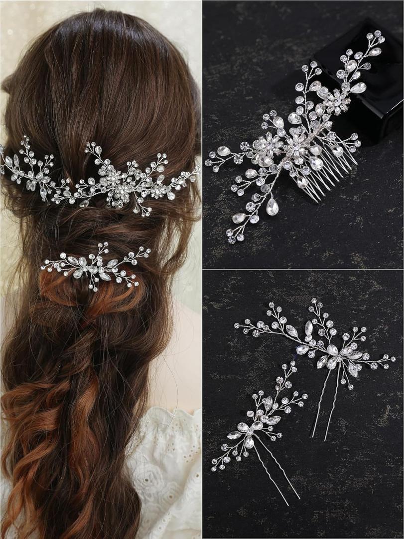 Hair Comb - Brides Rhinestone Flowers Hair Pins Bridal Wedding Hair Accessories Hair Piece Jewelry Headpiece for Brides Women and Girls Proms (3PCS, Silver+Silver)
